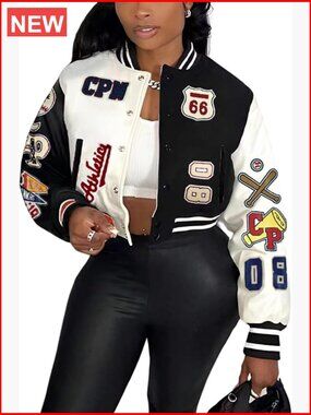 Faux Leather Varsity Jacket with Patches Print Cropped Bomber Button Closure